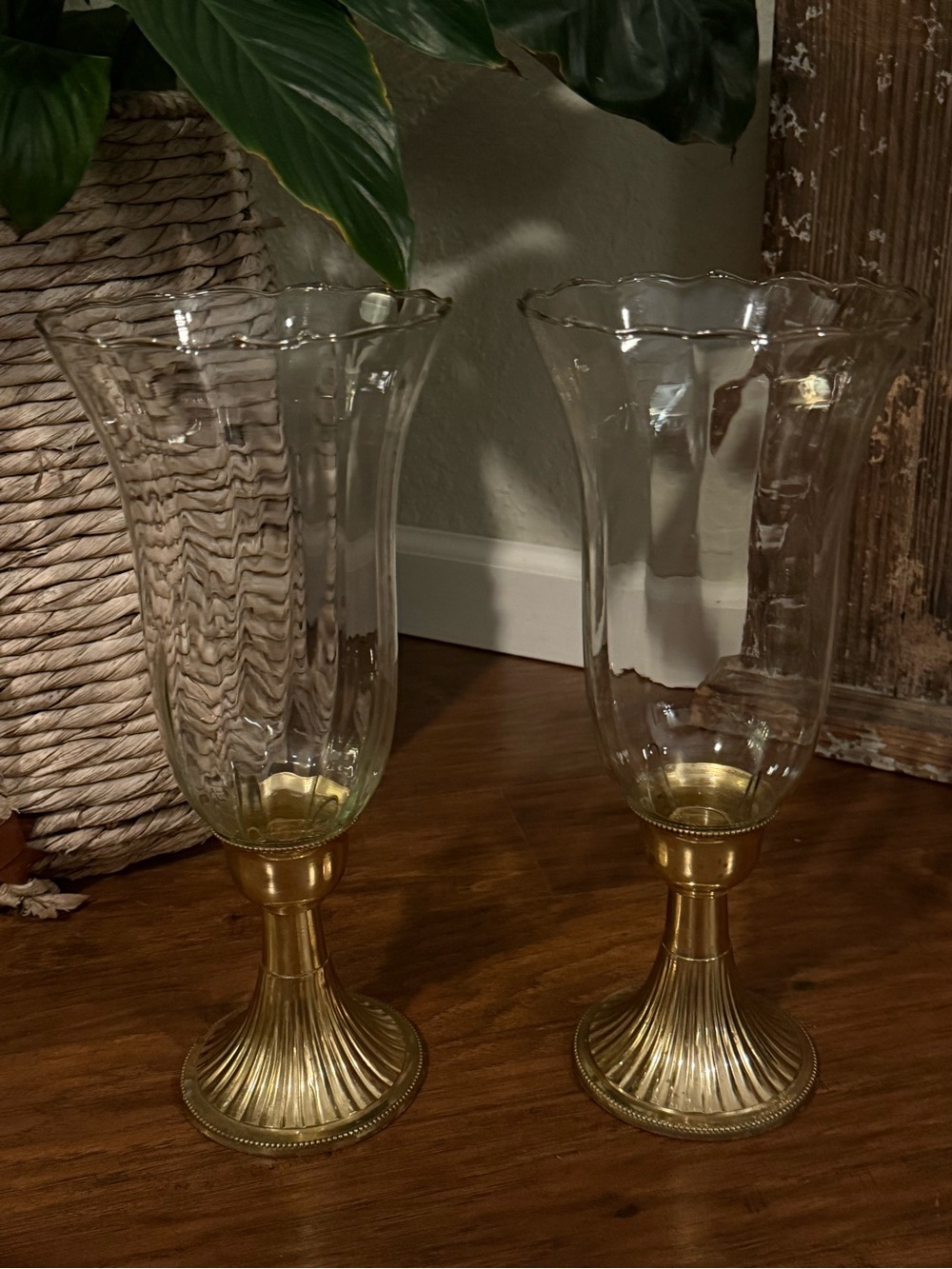 2-Vintage Brass Footed Pedestal Hurricane Candle Holders With Ribbed Glass Shade